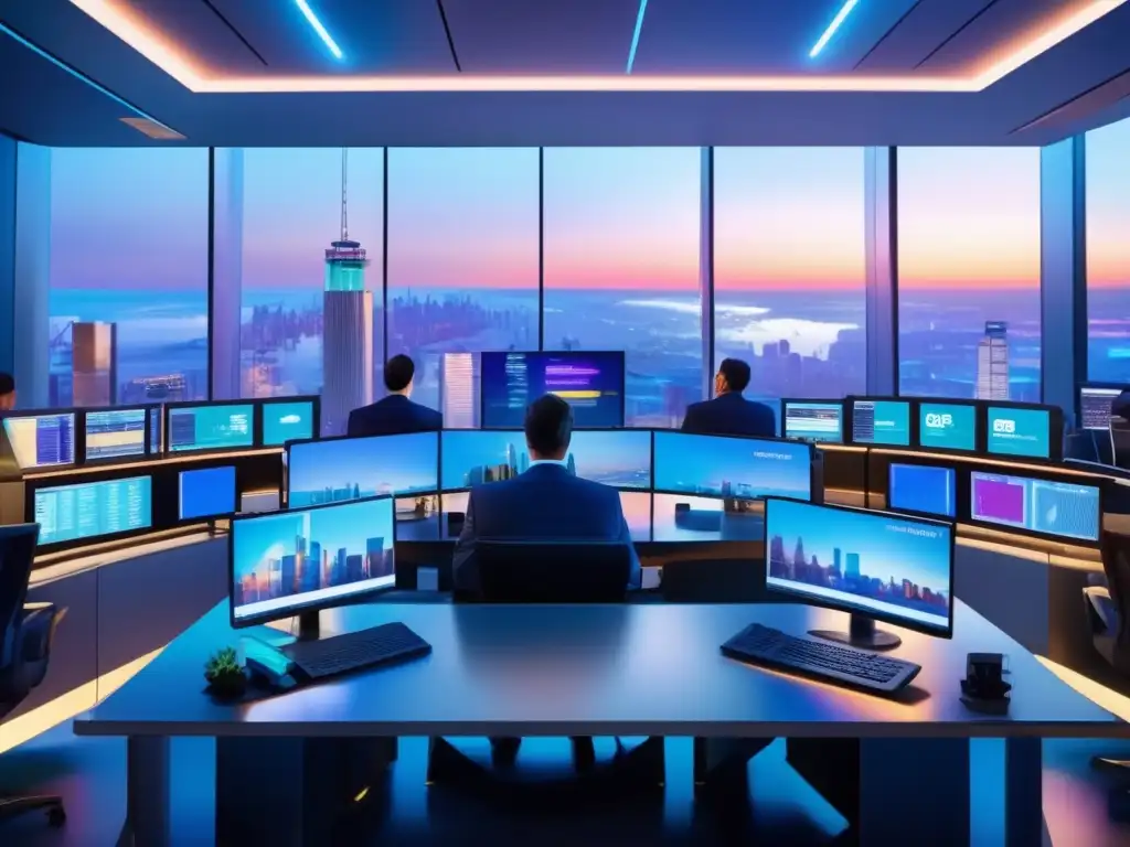 Traders profesionales en una sala de operaciones moderna y vibrante Plataformas de trading social en moderno y vibrante escenario