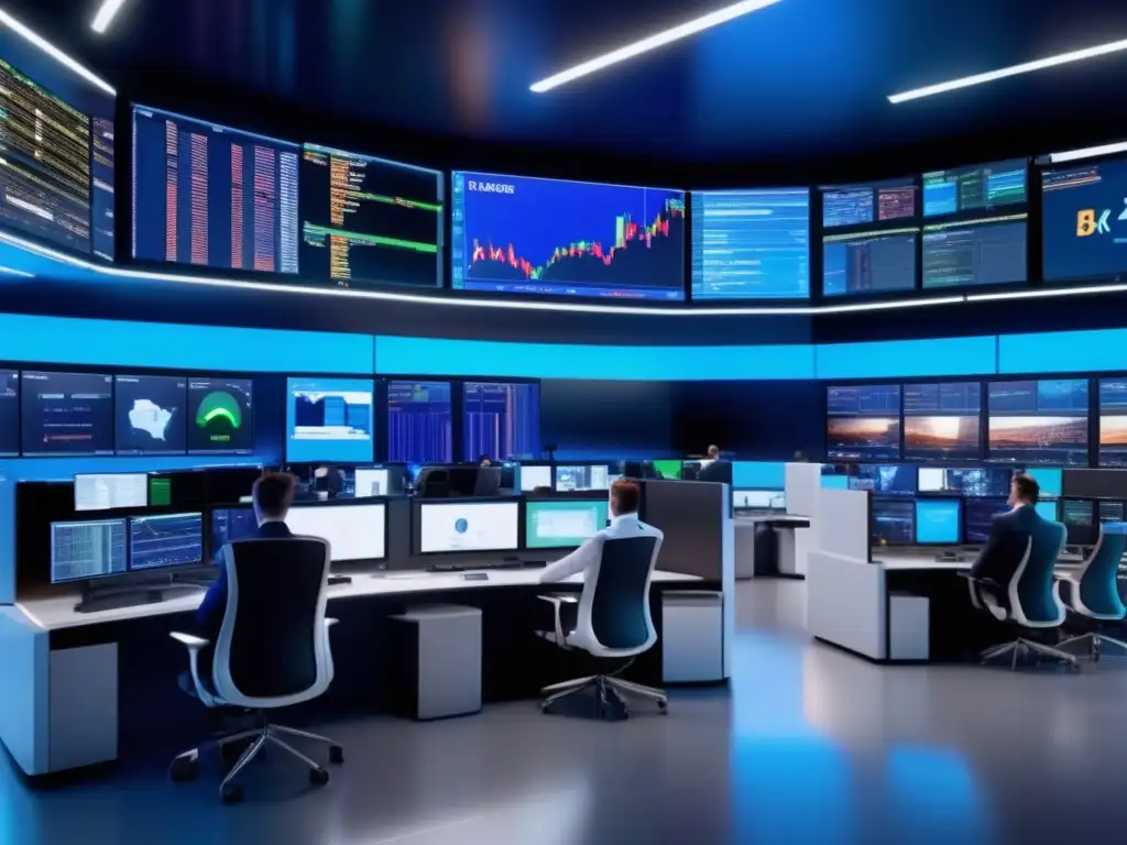 Trading floor con tecnología avanzada y traders profesionales Plataformas de trading social en un piso de operaciones moderno y vibrante, con tecnología avanzada y traders profesionales