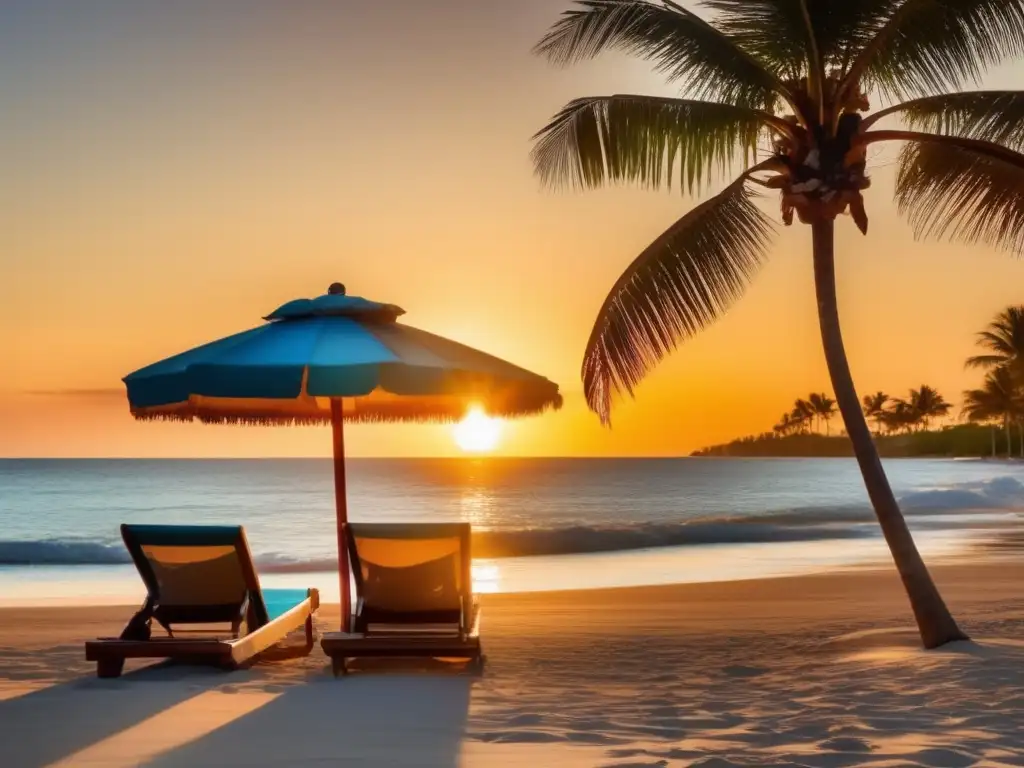 Playa serena al atardecer con sillas de playa Playa serena al atardecer con inversión pasiva para retiro financiero