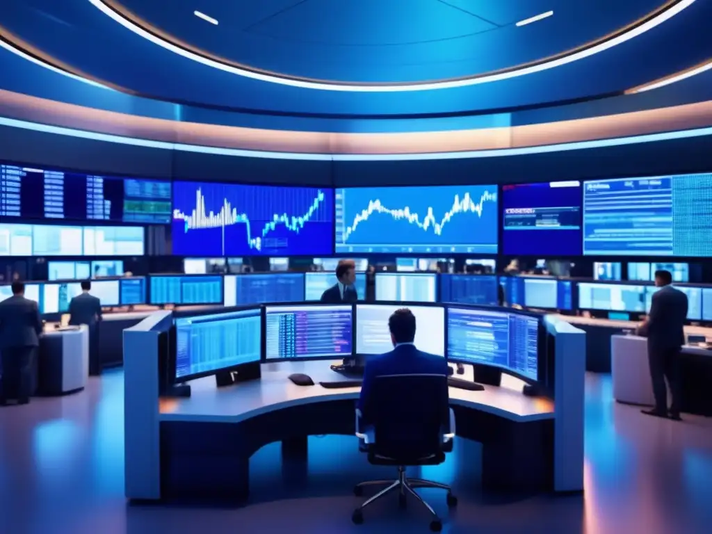 Piso de bolsa vibrante: traders analizando datos Poder de la información financiera en un bullicioso piso de bolsa con traders, gráficos y análisis
