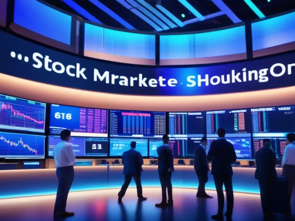 Traders en la bolsa de valores Poder información financiera en un bullicioso mercado bursátil con traders, gráficos y pantallas iluminadas