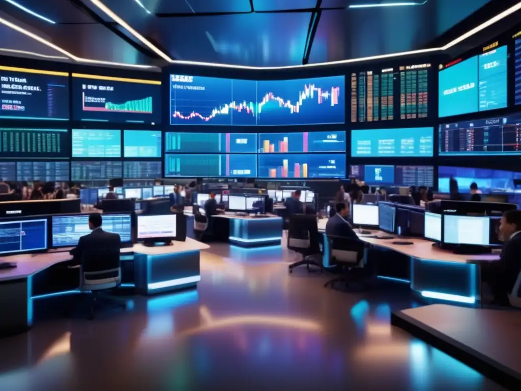 Piso de negociación financiera con traders y pantallas Poder de la información financiera en una moderna bolsa de valores con operadores y pantallas