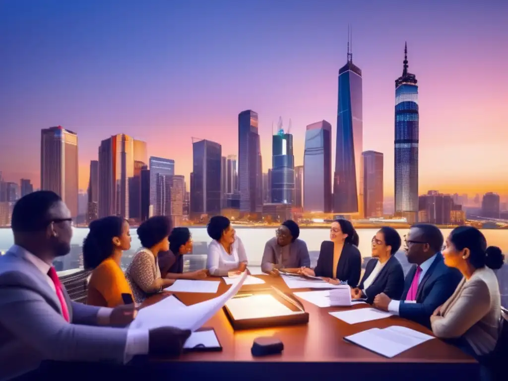 Ciudad vibrante con profesionales discutiendo Política y mercados emergentes: Ciudad vibrante de noche con expertos analizando gráficos y discutiendo