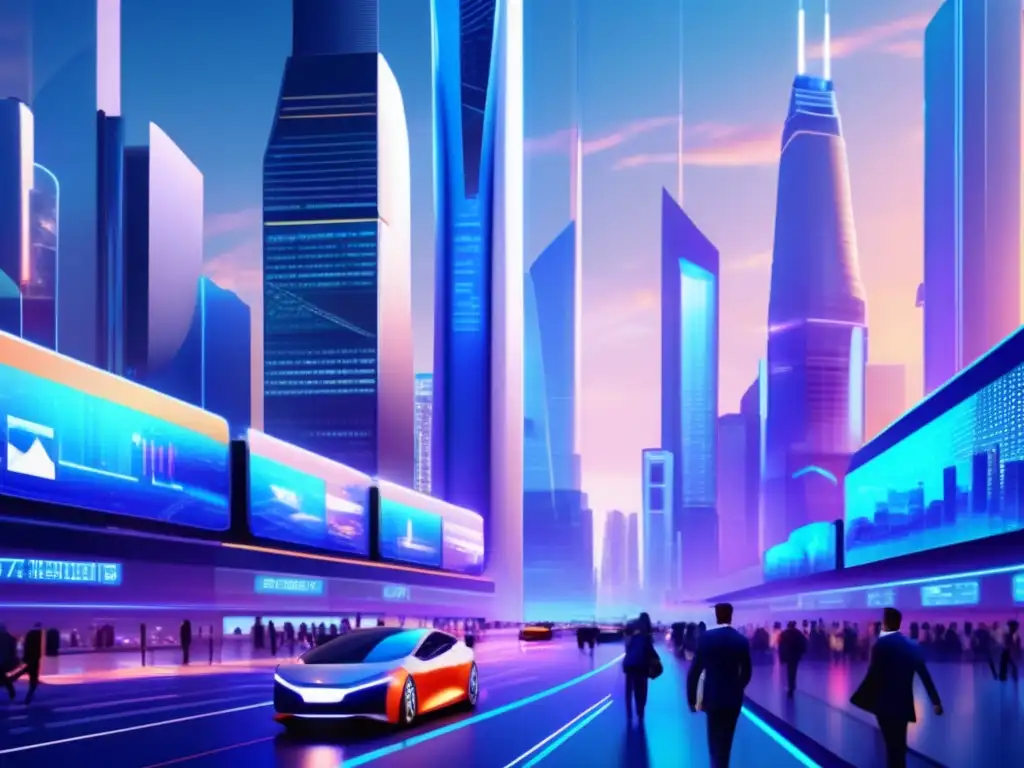 Ciudad futurista con rascacielos y negocios Política y mercados emergentes: Futurista ciudad con rascacielos, infraestructura avanzada y profesionales de negocios diversificados