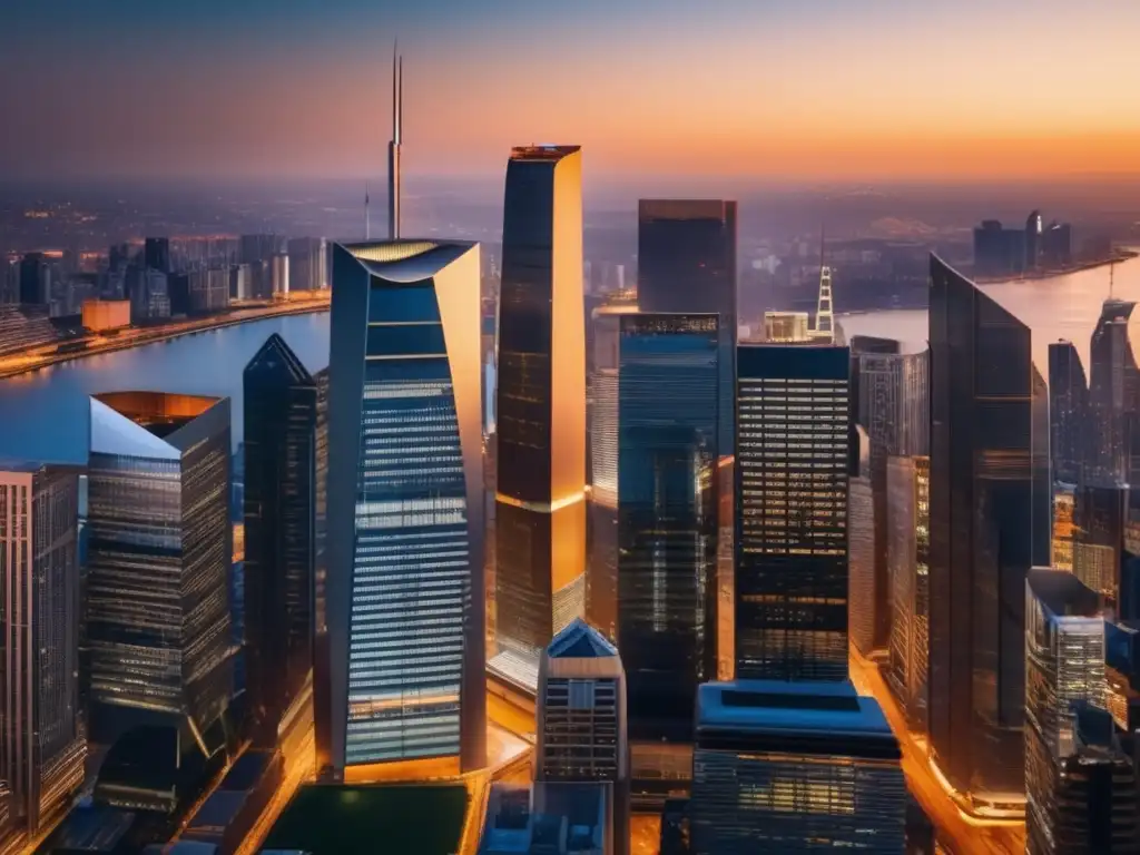 Ciudad moderna en el atardecer, con rascacielos y un banco central Política Monetaria Divisas Pulsar Oculto: Ciudad moderna al atardecer, con rascacielos imponentes y un banco central rodeado de naturaleza