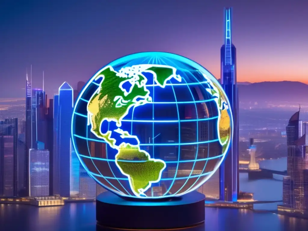 Relación monetaria y mercados futuros Política monetaria impacto mercados futuros opciones: imagen futurista de ciudad con globos divididos y elementos económicos
