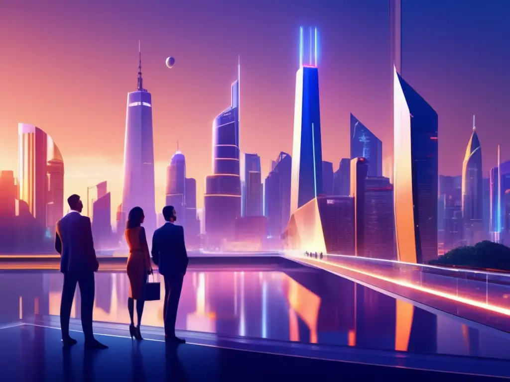 Ciudad futurista al atardecer con profesionales de DeFi Construir portafolio DeFi resiliente en una ciudad futurista al atardecer