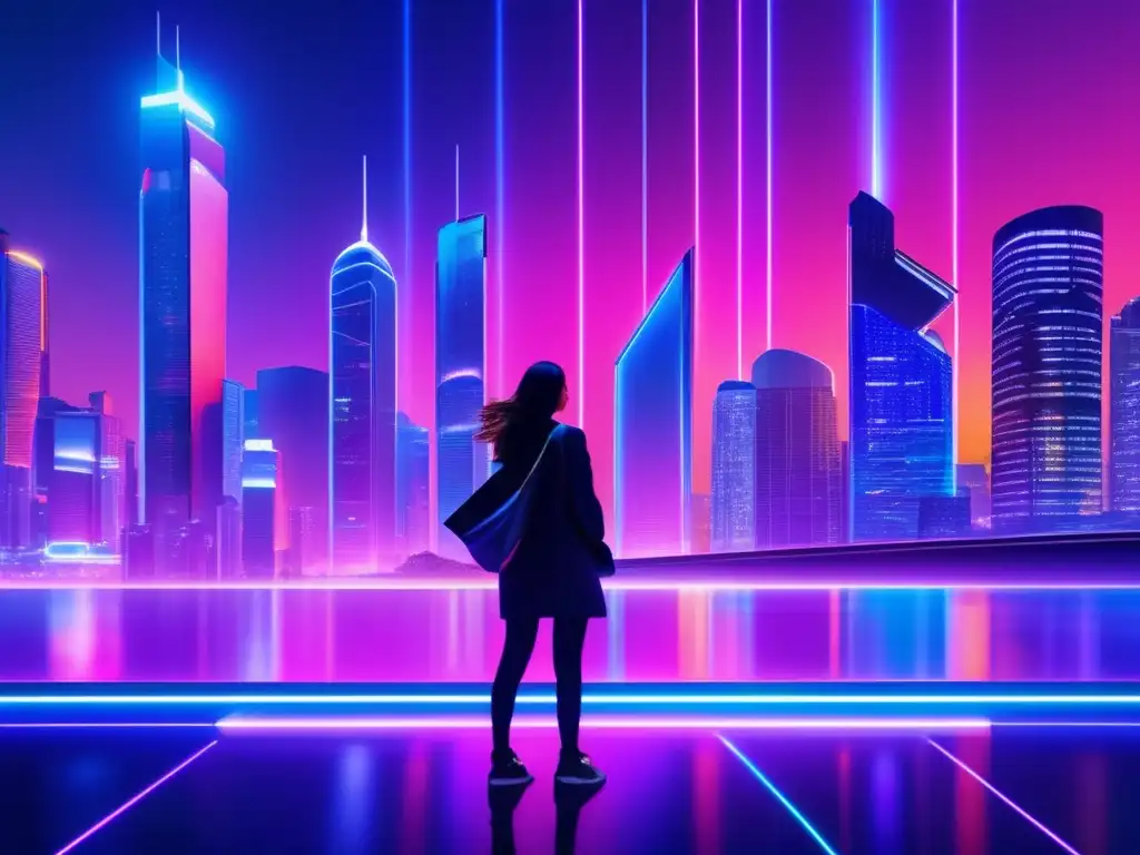 Futuro financiero en ciudad futurista Potencial de Cardano en inversiones en una ciudad futurista con rascacielos modernos y tecnología avanzada