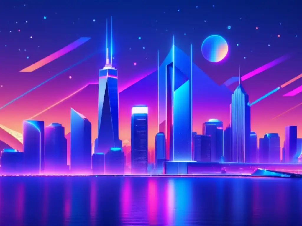 Futuro urbano: Cardano y criptomonedas Potencial de Cardano en inversiones: una ciudad futurista con rascacielos reflejando luces neón, rodeada de un cielo estrellado