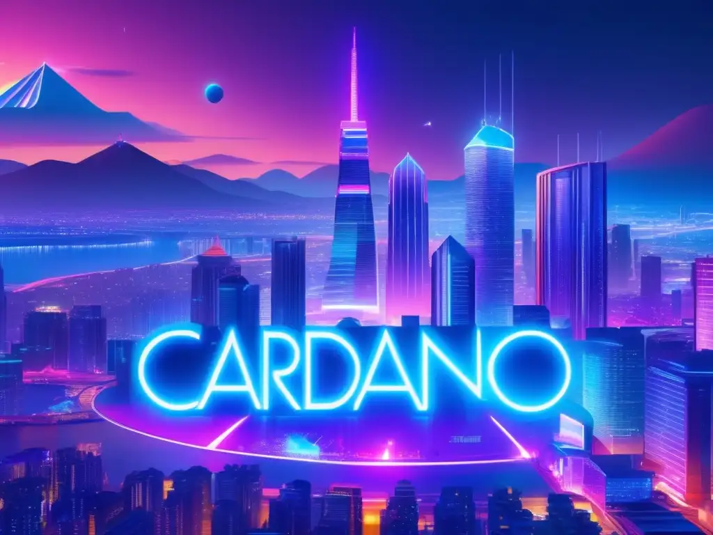 Futurista ciudad con logo Cardano y gráficos cripto Potencial de Cardano en inversiones: Futurista ciudad iluminada, rascacielos holográficos, profesionales analizando datos