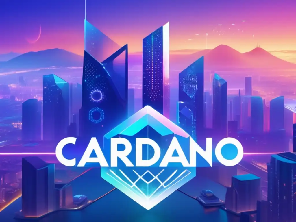 Futuro de inversión en Cardano: Ciudad futurista con logo holográfico Potencial de Cardano en inversiones: Futurista ciudad con rascacielos de cristal y acero, reflejando colores vibrantes del atardecer