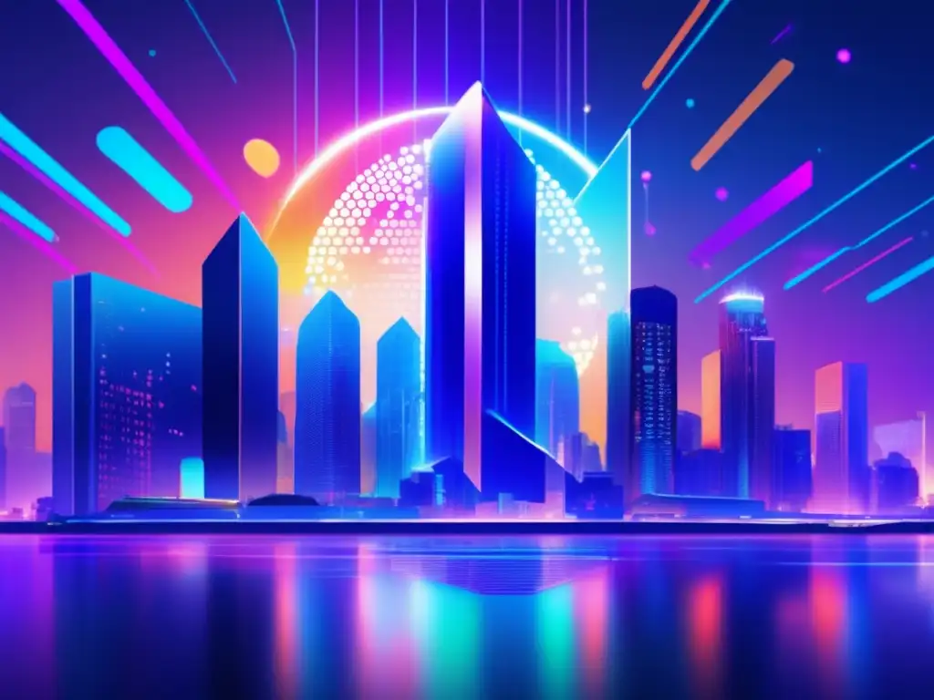 Potencial de Cardano en inversiones Potencial de Cardano en inversiones: Futurista ciudad con rascacielos holográficos y gráficos de criptomonedas, inversor analizando activos digitales