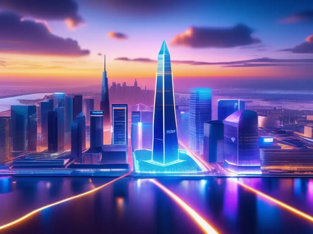 Ciudad futurista con criptomonedas Potencial de criptomonedas más allá de Bitcoin: Futurista ciudad con rascacielos y transacciones seguras en criptomonedas