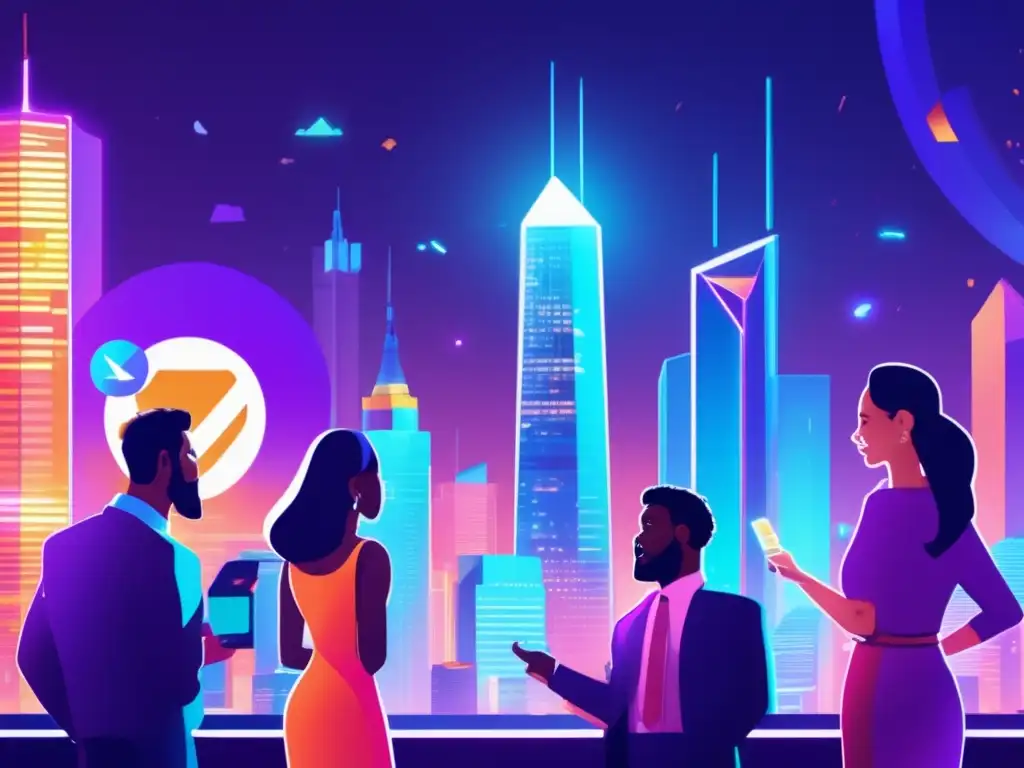 Futuro de las criptomonedas en la ciudad Potencial de criptomonedas más allá de Bitcoin en una ciudad futurista con rascacielos modernos e individuos discutiendo