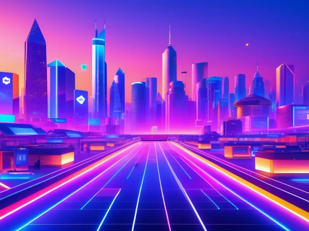 Ciudad futurista con criptomonedas Potencial de criptomonedas más allá de Bitcoin en una ciudad futurista