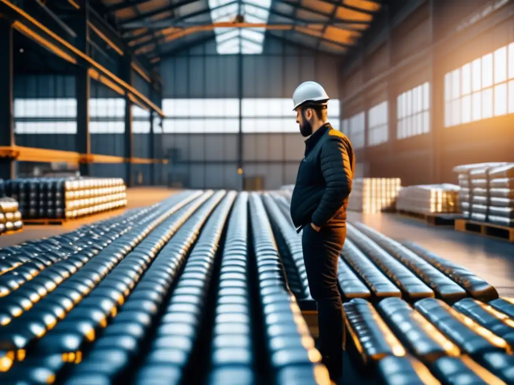 Almacén industrial con zinc brillante Potencial inversión en zinc: almacén industrial moderno con ingots brillantes y trabajador inspeccionándolos