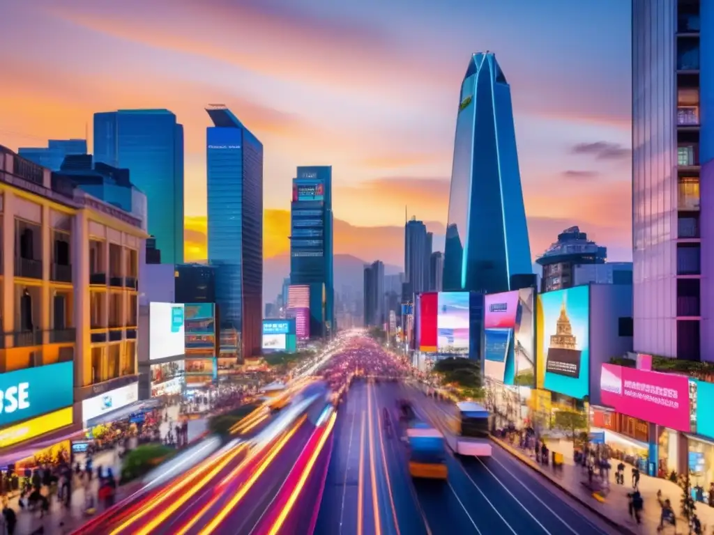 Ciudad urbana vibrante en Latinoamérica Potencial inversor ecommerce en América Latina: ciudad moderna con rascacielos de vidrio y avenida bulliciosa reflejando el dinamismo de la región