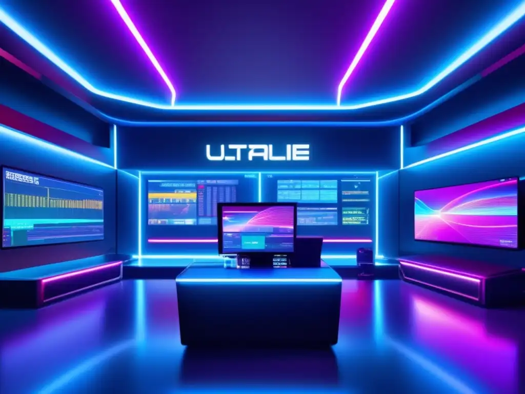 Trading room futurista con tecnología avanzada Prácticas óptimas: monitoreo y ajuste de bot trading