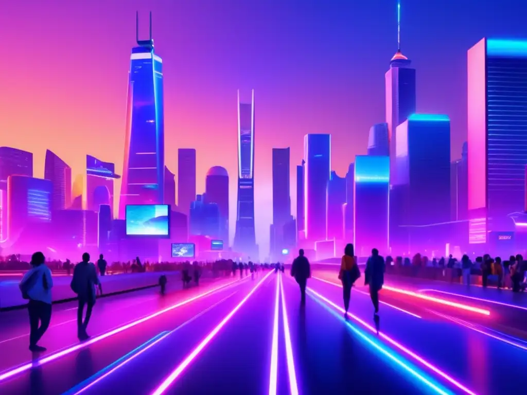 Futuro ciudad criptomonedas Predicciones criptomonedas: Futuro dinero en ciudad futurista con torres, billboards digitales y personas usando criptomonedas