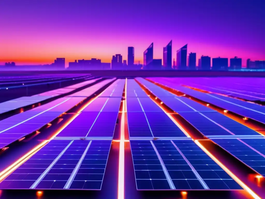 Futurista ciudad con energía renovable Predicciones inversión energías renovables: Futurista ciudad con paneles solares, granja solar, molinos eólicos y plantas geotérmicas