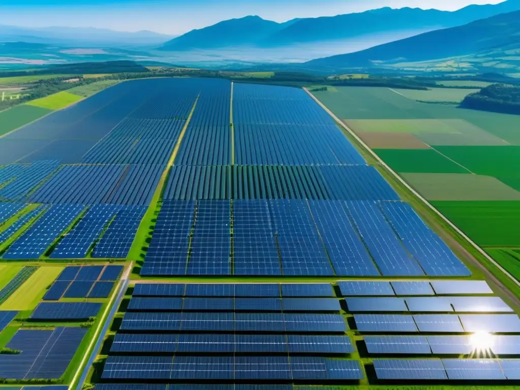 Granja solar: Rentabilidad de energía renovable Predicciones inversión energías renovables: Granja solar impresionante, paneles brillantes en paisaje natural