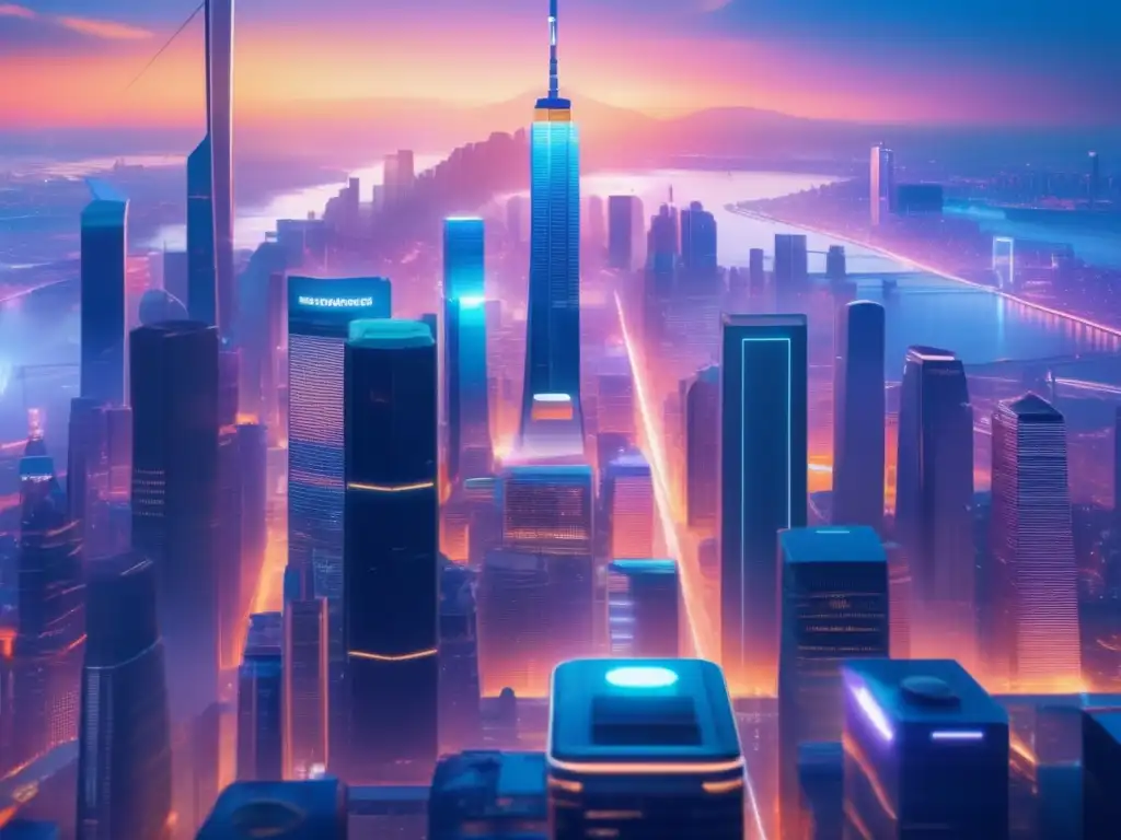 Revolución fintech: ciudad futurista y tecnología avanzada Primeras innovaciones en fintech: Historia de la tecnología financiera