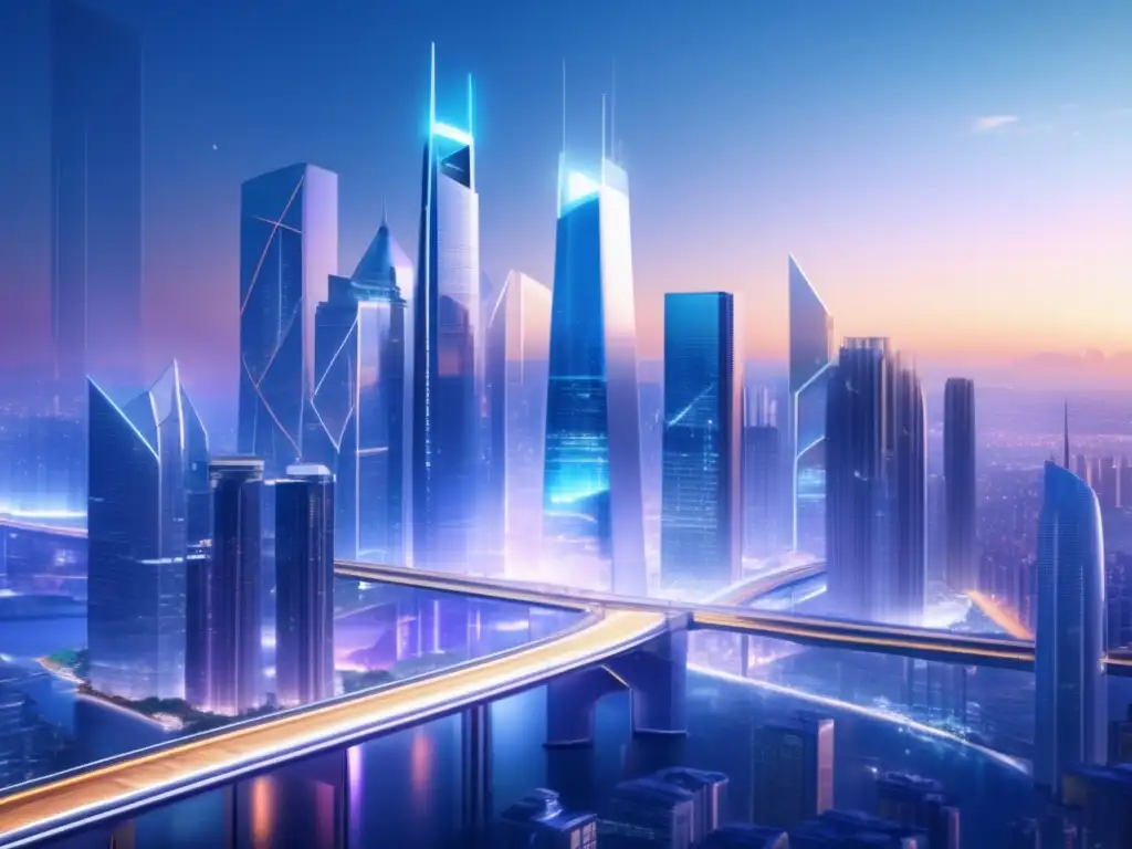 Futurista metrópoli DeFi: rascacielos transparentes y conectividad Guía completa DeFi para principiantes: Futurista ciudad con rascacielos transparentes y puentes iluminados, simbolizando la interconexión del DeFi