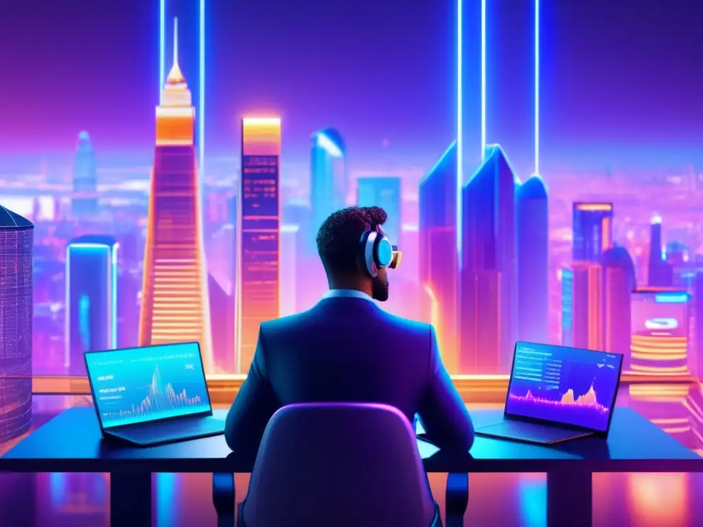 Plataforma de intercambio de criptomonedas futurista Guía de staking para principiantes - Imagen: Inversor profesional analizando criptomonedas en plataforma futurista