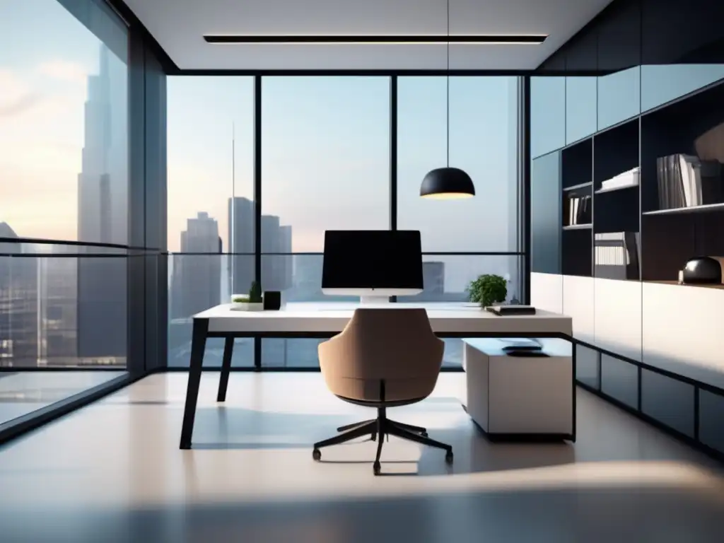 Oficina moderna con luz natural Guía para principiantes en roboadvisors: Oficina moderna y luminosa con mobiliario minimalista y computadora avanzada