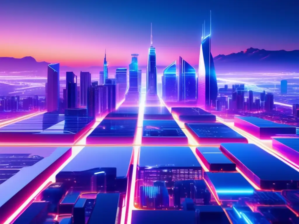 Paisaje digital futurista Guía de staking para principiantes: paisaje digital 8k ultradetallado, futurista, con rascacielos brillantes y circuitos técnicos