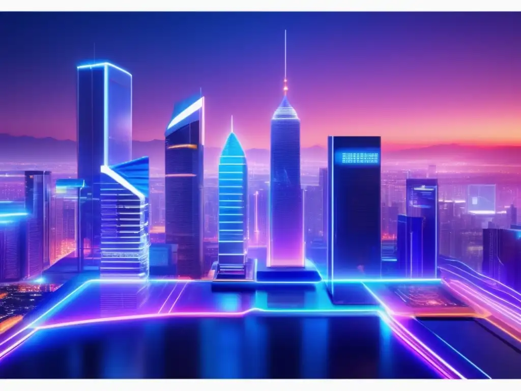 Futurista ciudad nocturna con rascacielos iluminados por luces de neón Evolución banca en productos derivados