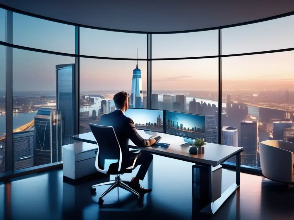 Oficina moderna con asesor financiero Profesional asesor financiero en moderna oficina con vista panorámica de la ciudad - Impacto de inversiones en políticas corporativas