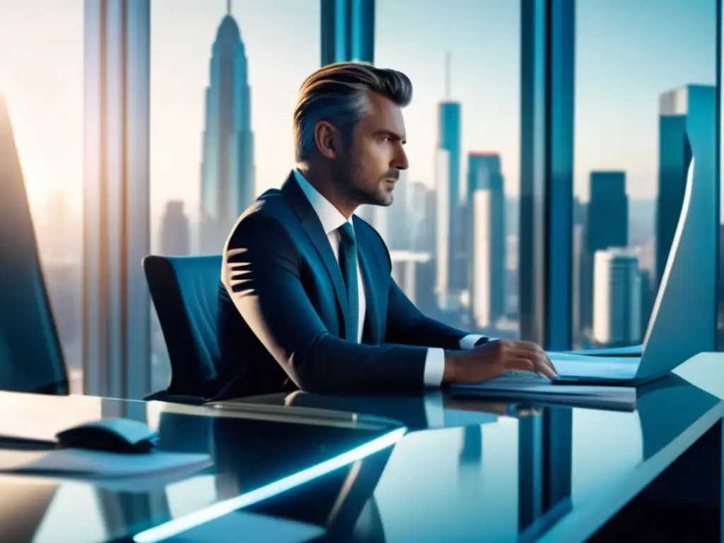 Profesionalidad en la oficina moderna Profesional estudiando estados financieros y gráficos en oficina moderna con vista a la ciudad