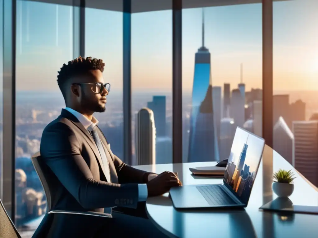 Joven profesional exitoso en oficina moderna Profesional exitoso en oficina luminosa con vista a la ciudad, enfocado en estrategias de inversión y bienestar personal
