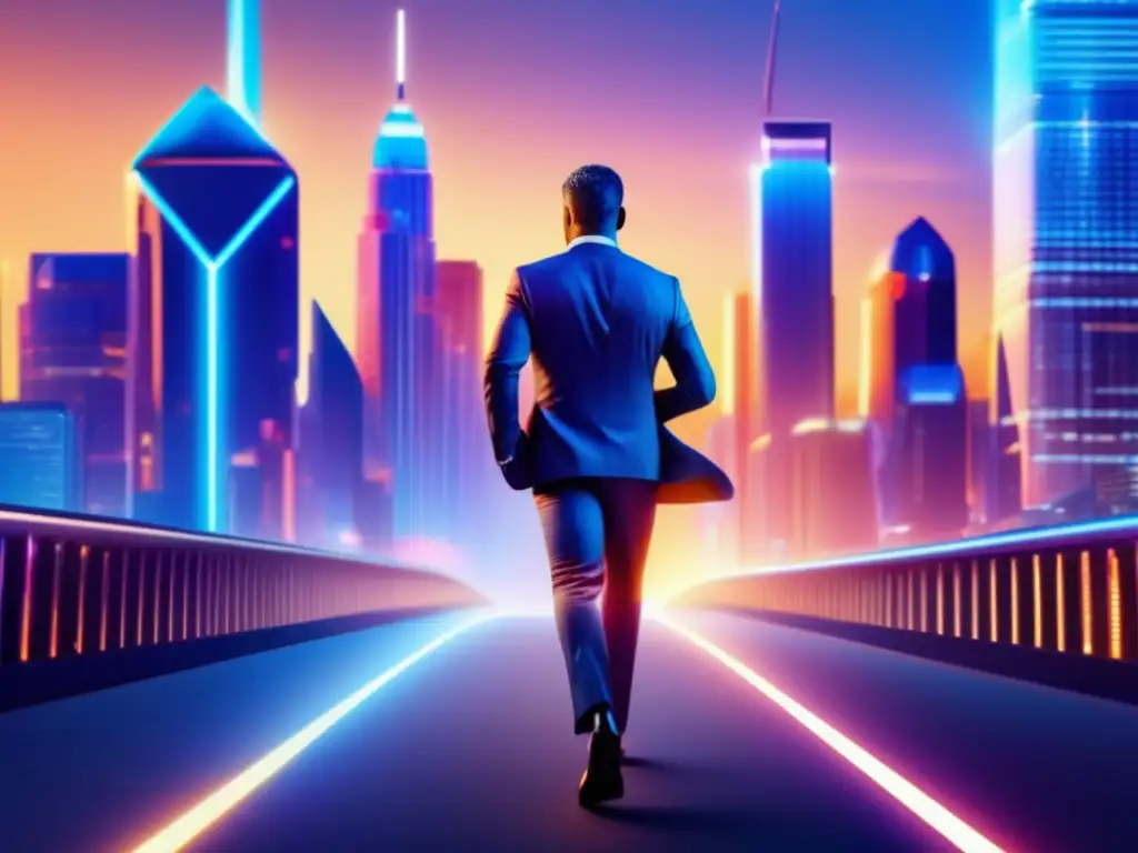 Inversionista seguro en ciudad futurista Profesional en traje da paso seguro en ciudad futurista, ilustrando 'Estrategias rentables de inversión'