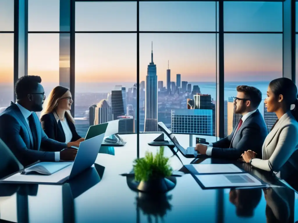 Oficina moderna y profesional con vista a la ciudad Profesionales en acreditaciones financieras reconocidas debaten en una oficina moderna con vista a la ciudad