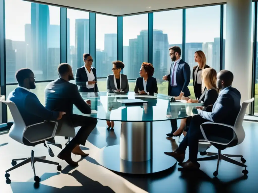 Profesionales comprometidos en reunión Profesionales comprometidos en cambio social analizan desempeño financiero de empresas (110 caracteres)
