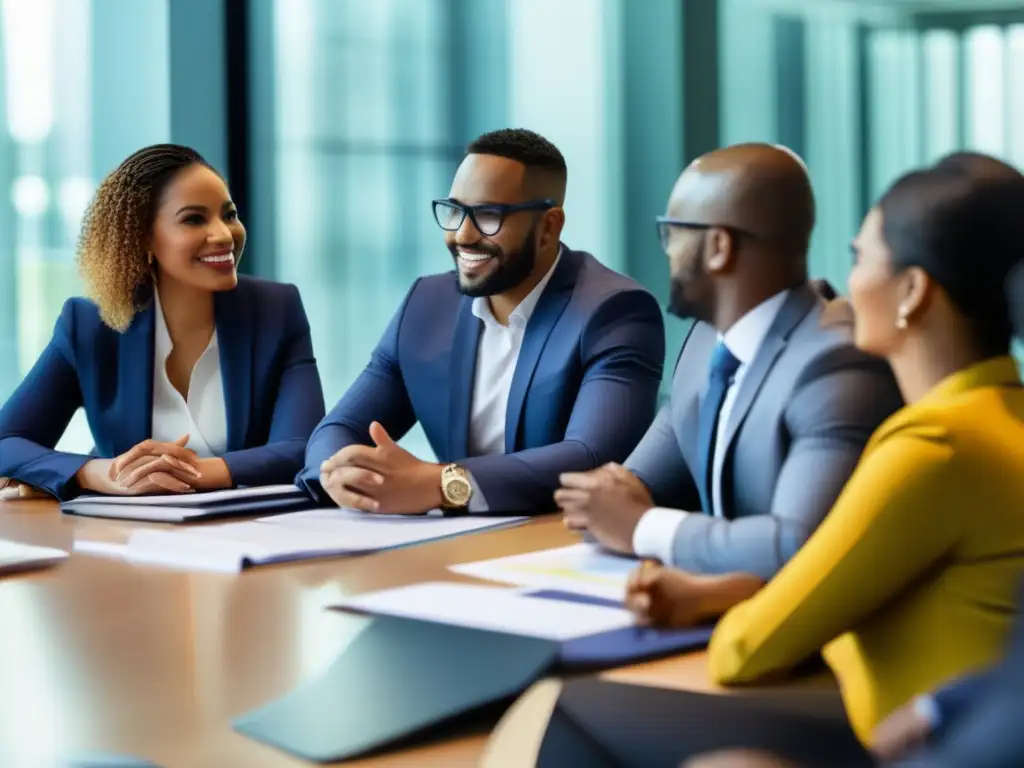 Profesionales diversos en reunión Profesionales de diferentes culturas en discusión alrededor de una mesa de conferencias, resaltando la relación entre idiomas y éxito en inversiones