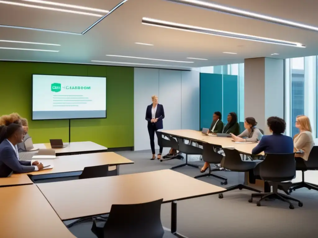 Sala de clase moderna con profesionales en curso de finanzas sostenibles Profesionales en curso de Finanzas Sostenibles