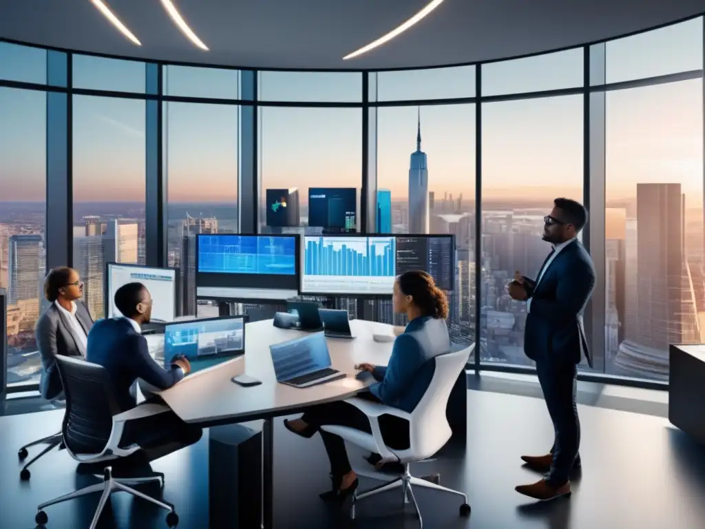 Oficina moderna con profesionales analizando datos Profesionales analizando datos y tomando decisiones de inversión, gestión de riesgo financiero