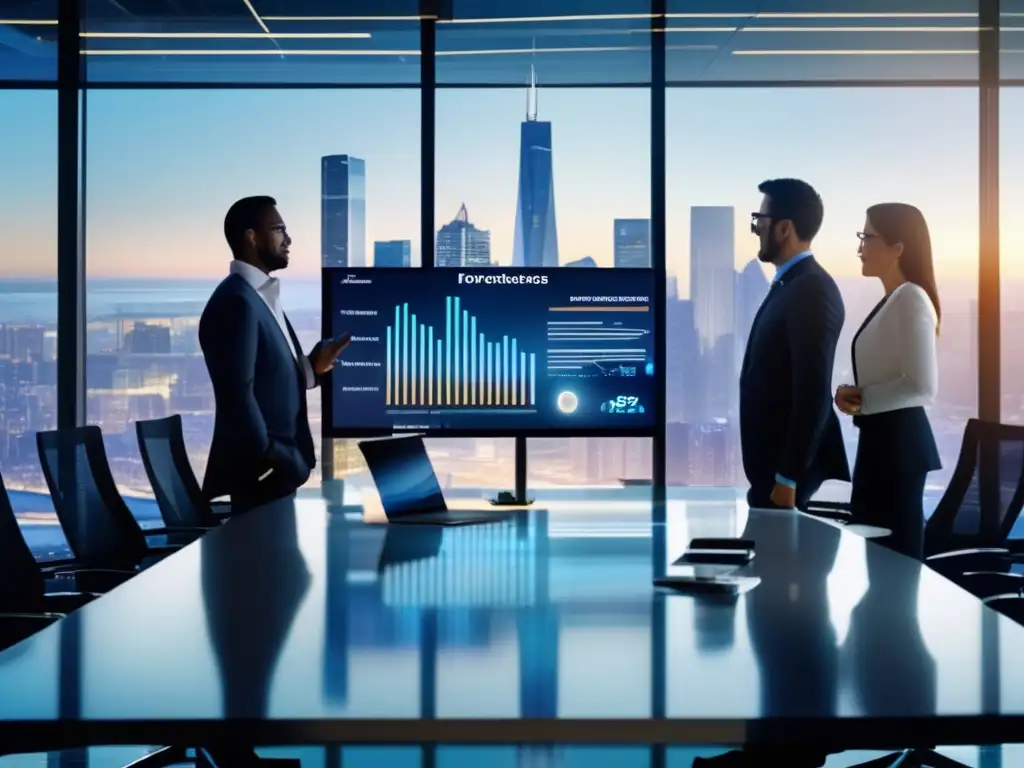 Oficina moderna con profesionales y tecnología avanzada Profesionales discuten y analizan datos financieros en una oficina moderna con vista a la ciudad, mostrando plataformas de inversión confiables