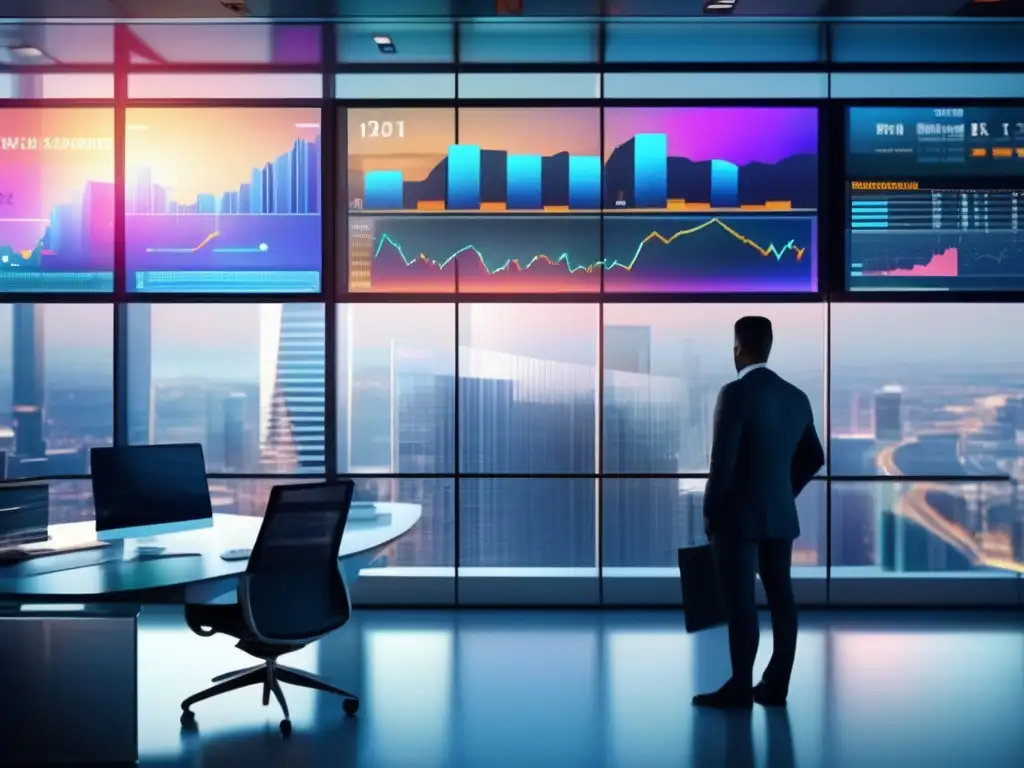 Oficina financiera moderna con profesionales y tecnología avanzada Profesionales analizando datos del mercado financiero, con enfoque en sesgo de recencia en inversiones (110 caracteres)