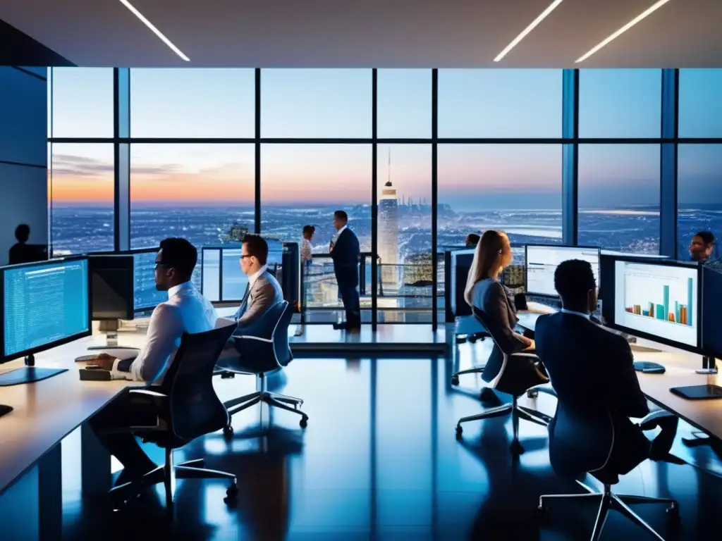 Oficina moderna con profesionales analizando datos Profesionales analizando datos del mercado financiero con vista a la ciudad
