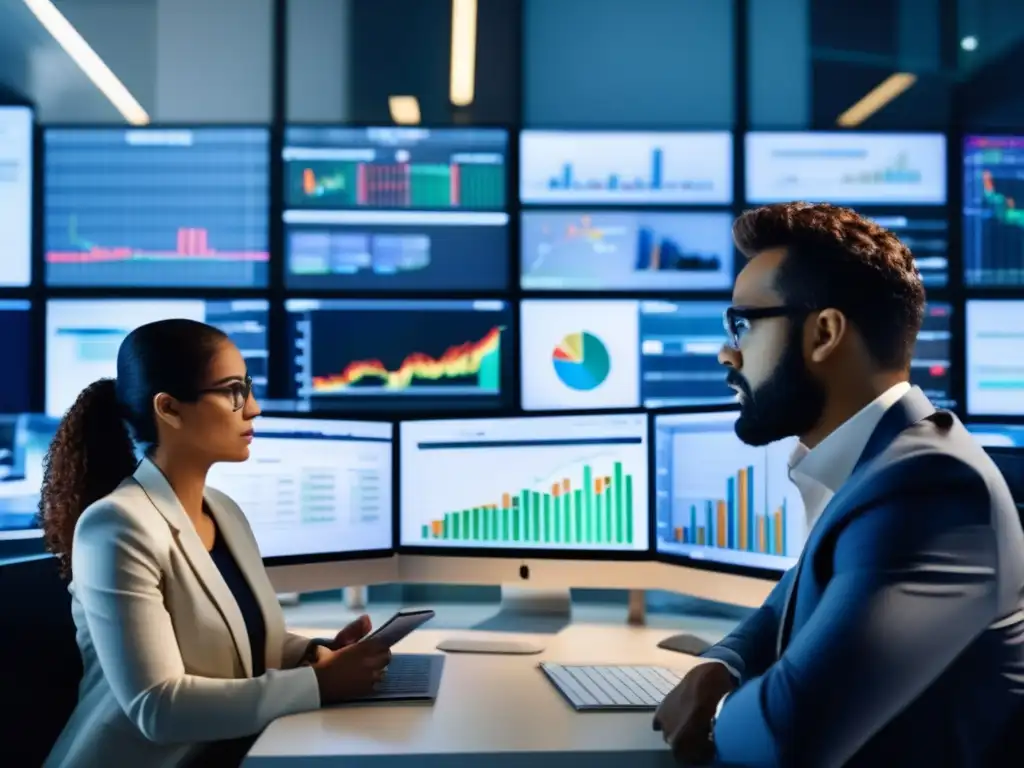 Profesionales analizando noticias en la oficina Profesionales analizando datos y reaccionando a noticias del mercado en oficina moderna