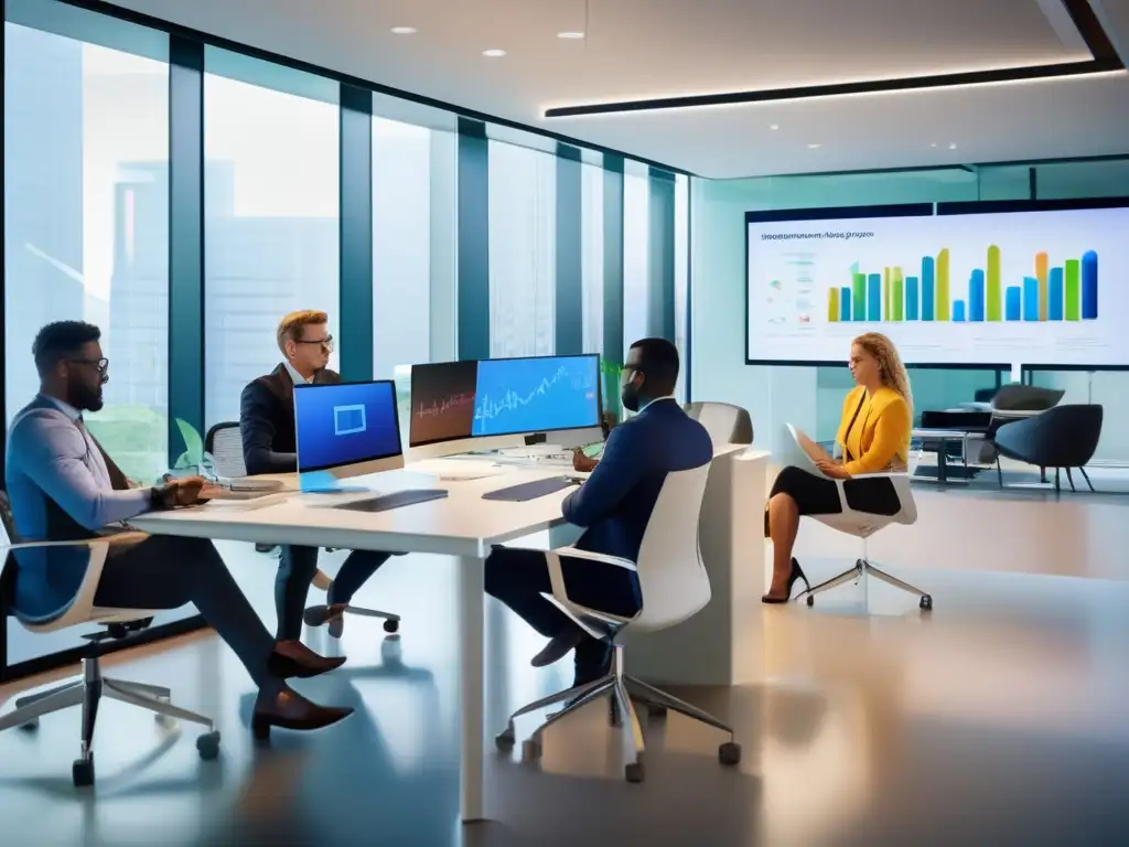 Profesionales analizando datos y colaborando en oficina moderna Profesionales analizando datos y discutiendo en oficina moderna