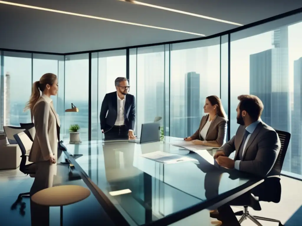 Profesionales en una oficina moderna Profesionales en discusión estratégica, con envidia financiera