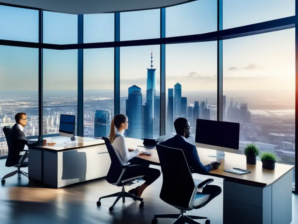 Oficina moderna con profesionales en el sector energético Profesionales en discusiones analizando datos financieros del sector energético en una oficina moderna con vista panorámica a la ciudad