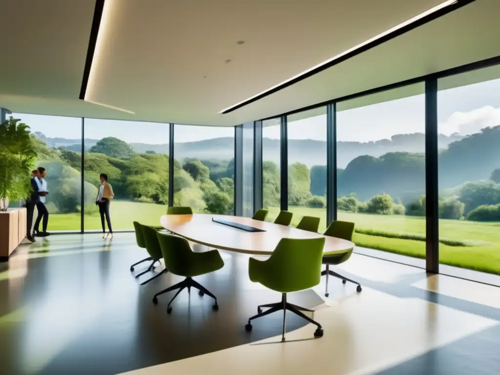 Oficina moderna con vista verde: colaboración y sostenibilidad Profesionales diversificados en discusión productiva en oficina moderna con vista verde
