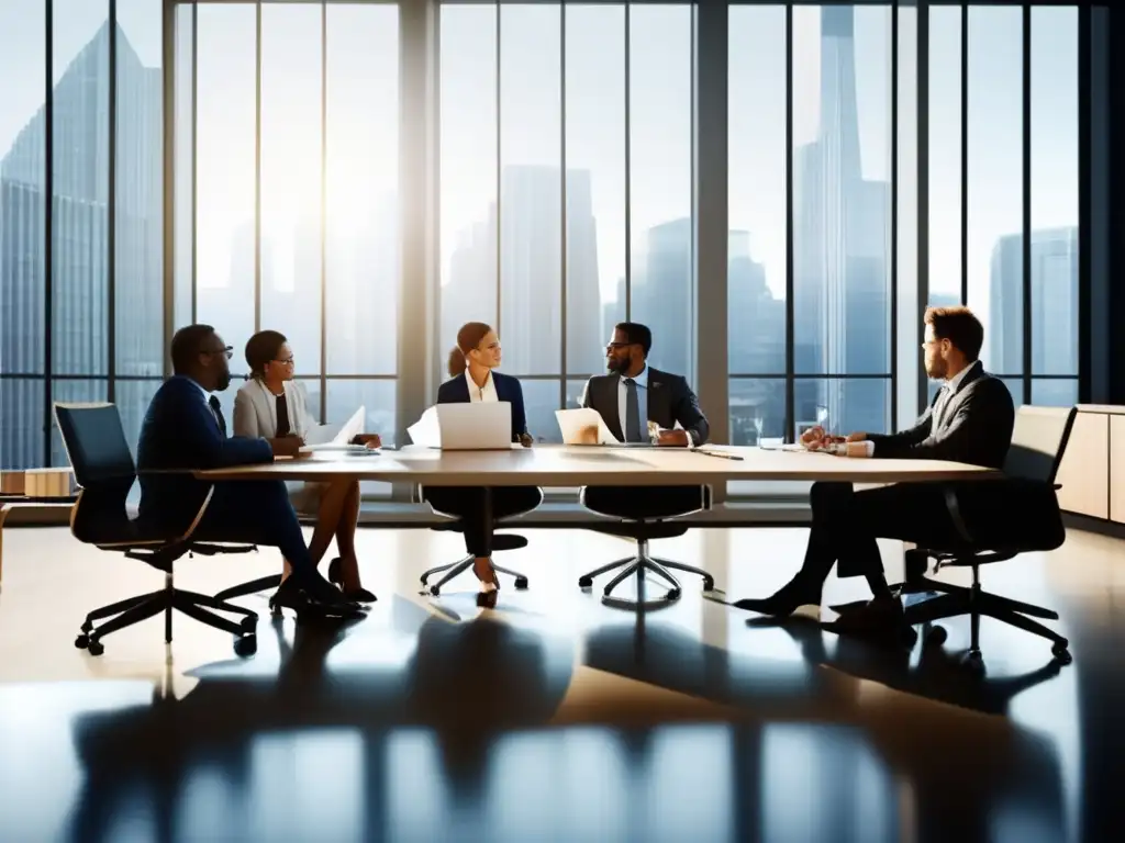 Profesionales colaborando en una reunión estratégica Profesionales diversificados discutiendo estrategias de diversificación financiera