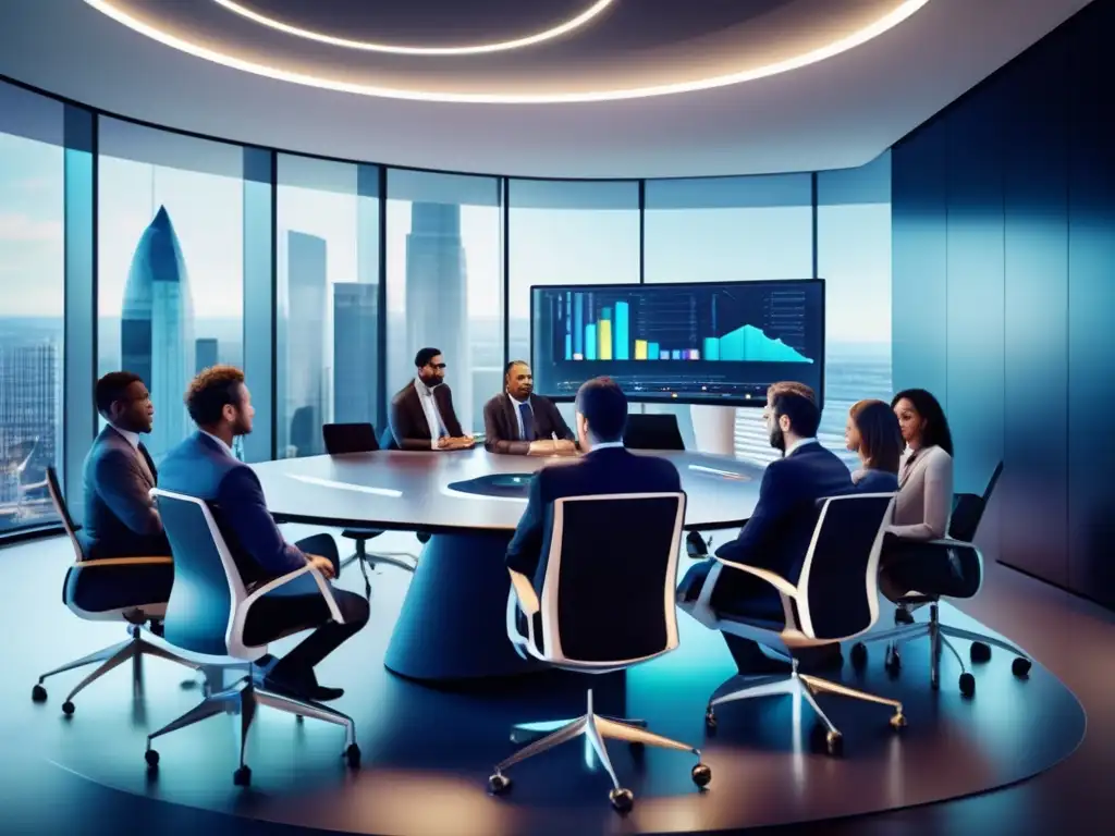 Reunión de profesionales en oficina moderna Profesionales diversificados analizan inversiones con riesgos y recompensas en una oficina moderna